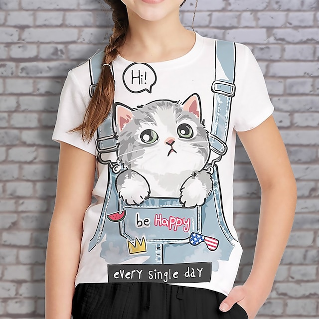  子供 女の子 Tシャツ グラフィック アウトドア 3Dプリント 半袖 クルーネック 活発的 7-13歳 夏 ピンク ルビーレッド ライトブルー