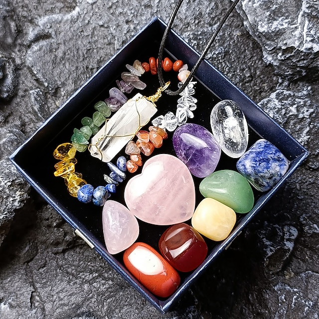  Cristaux de guérison ， ensemble de combinaison de sept pierres colorées de jade de cristal naturel pendentif de colonne hexagonale d'amour en cristal rose avec boîte-cadeau assortie de plusieurs