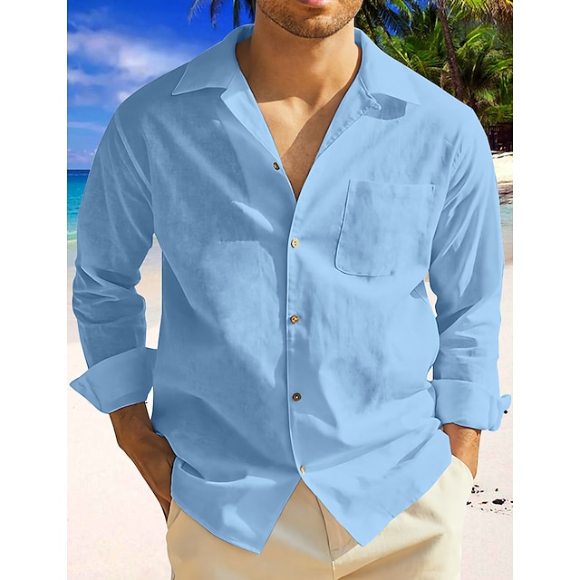  Men's Shirt Linen Shirt Casual Shirt Summer Shirt Beach Shirt Black White Pink Plain Long Sleeve Spring & Summer Camp Collar Casual Daily Clothing Apparel Front Pocket