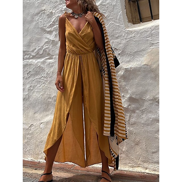  Women's Jumpsuit Solid Color Split Holiday V Neck Street Daily Spaghetti Strap Slim Yellow S M L Summer