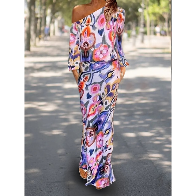  Women's Two Piece Dress Set Outdoor Daily Casual Dress Two Piece Dress Print Fashion Streetwear One Shoulder Maxi Dress Graphic Abstract Long Sleeve Loose Fit Red Royal Blue Sky Blue Summer Spring S