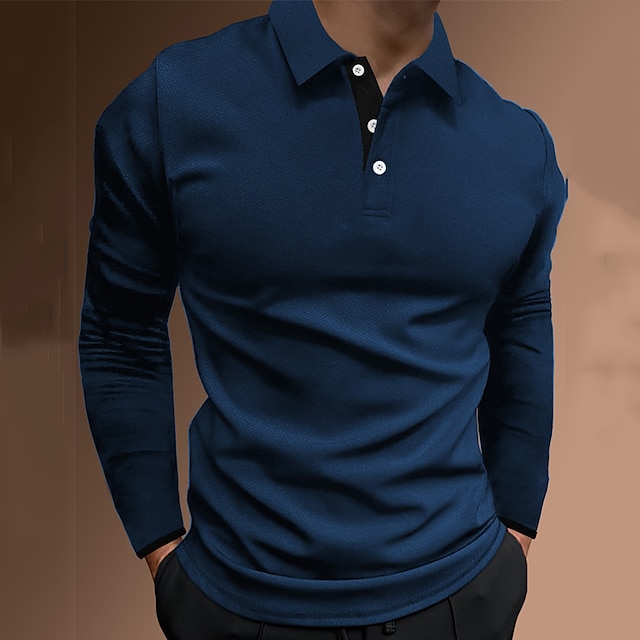 Men's Button Up Polos Polo Shirt Casual Holiday Lapel Long Sleeve Fashion Basic Plain Button Summer Regular Fit Fire Red Black Dark navy Button Up Polos