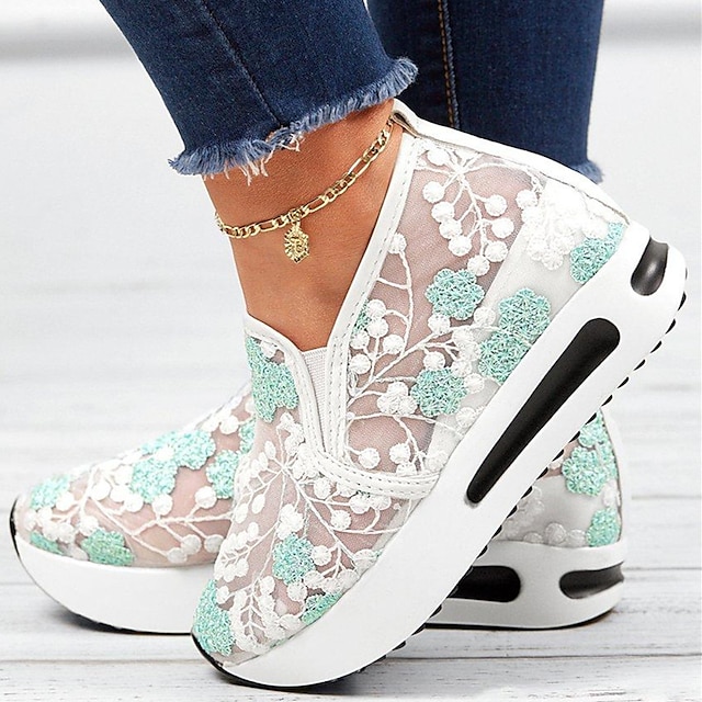  Women's Sneakers Plus Size Platform Sneakers Slip-on Sneakers Daily Summer Cut Out Embroidery Platform Wedge Heel Round Toe Casual Walking Shoes Faux Leather Loafer Embroidered Pink Green