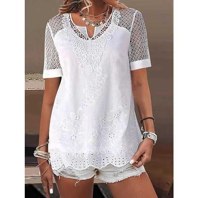  Women's Shirt Blouse White Lace Cut Out Plain Casual Short Sleeve V Neck Basic Regular S