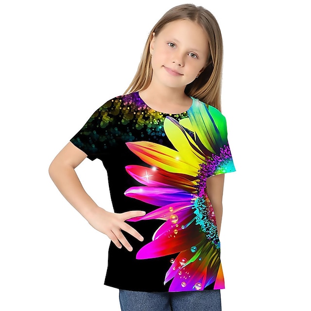  Barn Jente T skjorte Grafisk utendørs 3D-utskrift Kortermet Crewneck Aktiv 7-13 år Sommer Gul Rød