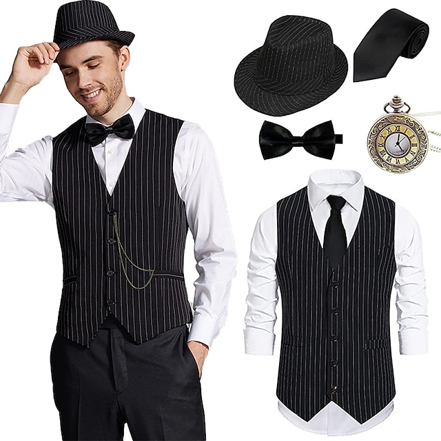  Retro Vintage Roaring 20s 1920s Outfits Vest Waistcoat Panama Hat Accesories Set The Great Gatsby Gentleman Gangster Men's Cosplay Costume Christmas Prom Festival Cravat