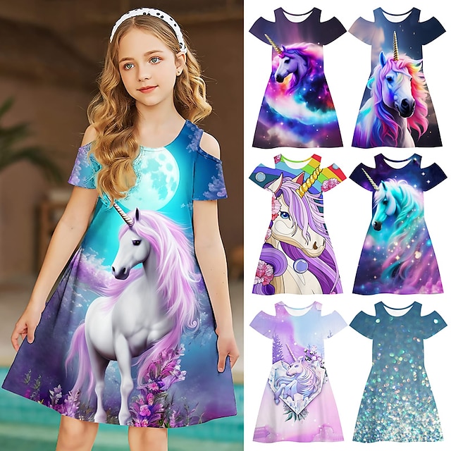  Kids Girls' Graphic Animal Unicorn Dress Outdoor Casual Short Sleeve Fashion Cute Daily Hollow Out Above Knee Polyester Summer Spring Casual Dress A Line Dress 3-12 Years Multicolor Pink Wine
