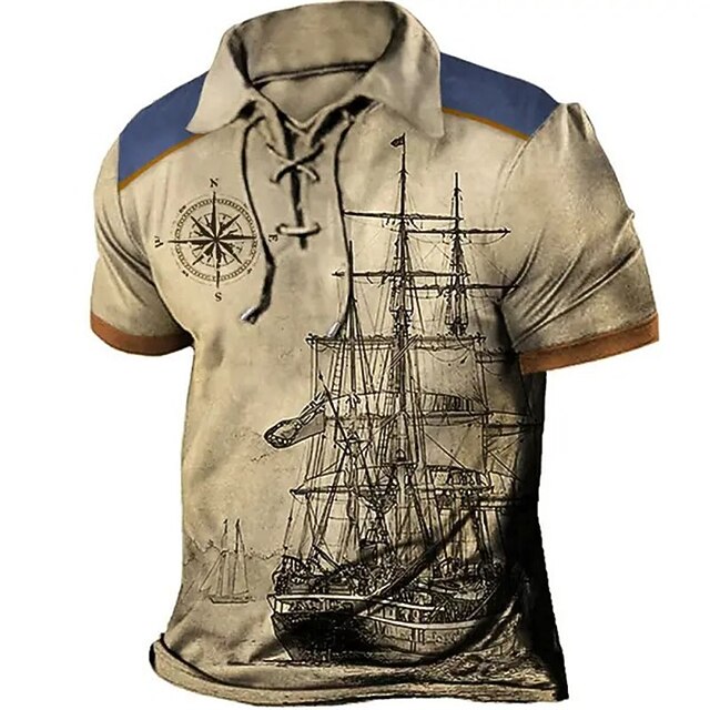 Mens Graphic Shirt Polo Golf Prints Vintage Sailboat Turndown Khaki Outdoor Street Short Sleeve Drawstring Clothing Apparel Sports Compass Vacation White Cotton Nautical2