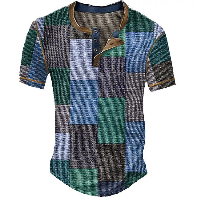 Men's Graphic Plaid Color Block Waffle Henley Shirt Short Sleeve 3D Print Vintage Fashion Designer Outdoor Daily Summer Yellow Red Blue Green Dark Blue Henley Henley T-Shirt3