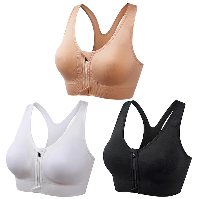 3 Pack Women's High Support Sports Bra Running Bra Seamless Zip Front Racerback Bra Top Padded Yoga Fitness Gym Workout Breathable Shockproof Quick Dry Khaki Black White Solid Colored Home Outfits 27