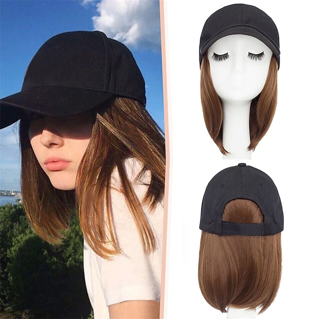  basebollkeps med hårförlängningar för kvinnor värmebeständig syntetisk 6'' justerbar kort rakt hårstycke ersättningsperuker i hatt för flickor