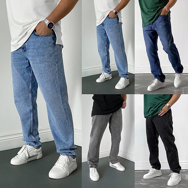  Homens Jeans Calças Calças jeans Bolsos Perna reta Tecido Conforto Respirável Ao ar livre Diário Para Noite Moda Casual Preto Azul Escuro
