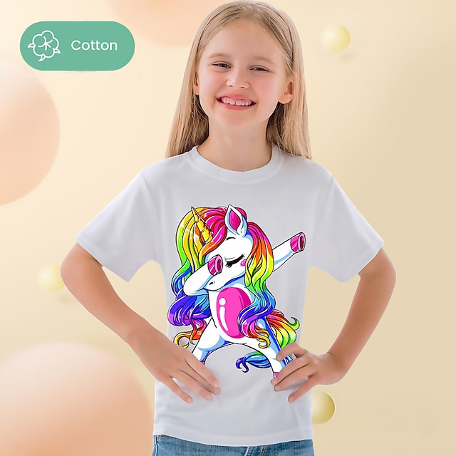  Girls' 3D Graphic Cartoon Unicorn T shirt Tee Short Sleeve 3D Print Summer Spring Active Fashion Cute 100% Cotton Kids 3-12 Years Outdoor Casual Daily Regular Fit