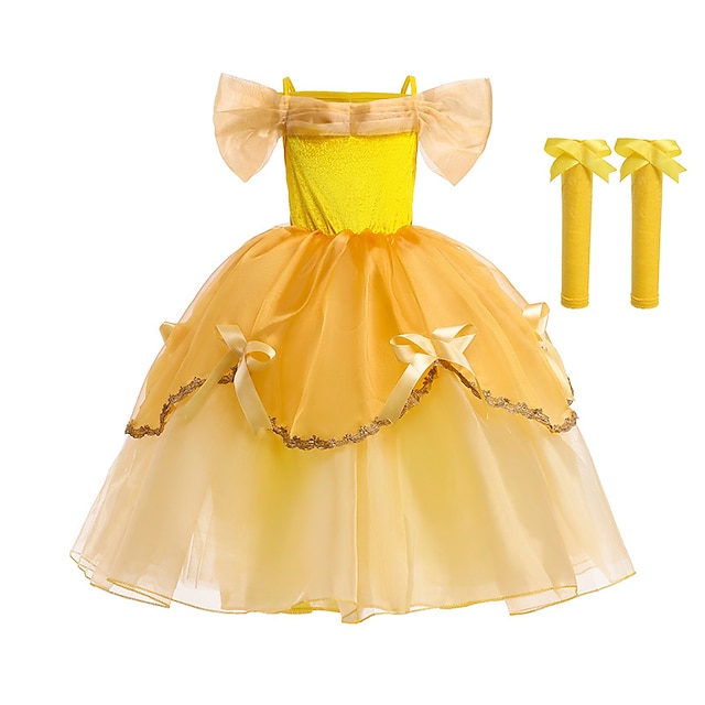  gyerekek lányok szépsége és a szörnyeteg Belle hercegnő jelmez ruha rajzfilm réteges barázdált csipke sárga maxi rövid ujjú aranyos ruhák normál szabás