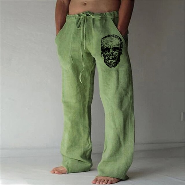 Men's Skull Graphic Prints Trousers Summer Pants Beach Pants Mid Waist Streetwear Hawaiian Designer Casual Daily Holiday Drawstring Elastic Waist 3D Print Spring & Summer 3D Print White Green Khaki 7