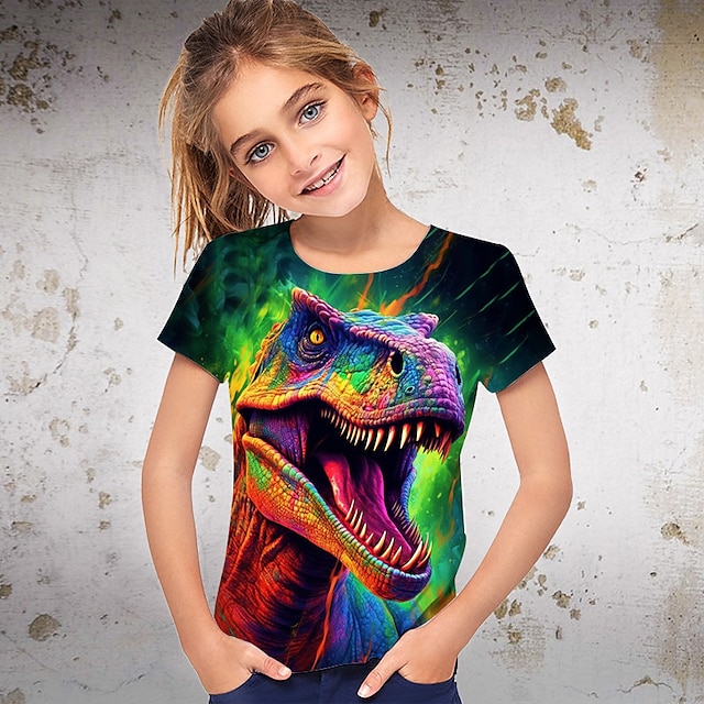  Jente 3D Grafisk Dyr Dinosaur T skjorte T-skjorte Kortermet 3D-utskrift Sommer Vår Aktiv Mote Gatemote Polyester Barn 3-12 år utendørs Avslappet Daglig Normal