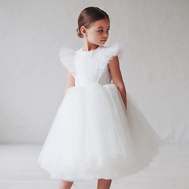  enfants petites filles 'robe couleur unie tulle robe fête anniversaire maille blanc genou longueur manches courtes élégant doux robes printemps été mince 1 pc 3-10 ans
