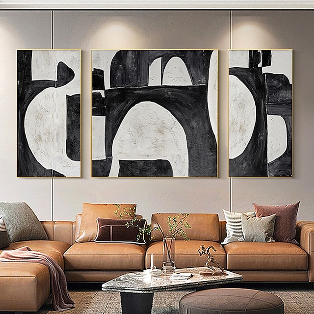  אמנות קיר בד בעבודת יד שחור לבן ציור שמן מופשט תמונת קיר יצירתי יצירות אמנות בגודל גדול לקישוט הבית