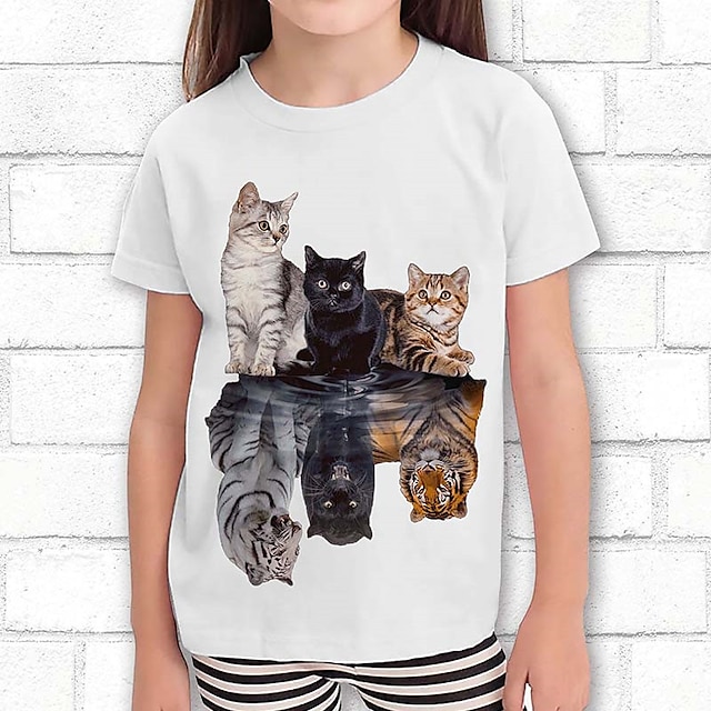  Girls' 3D Graphic Cat Dog T shirt Tee Short Sleeve 3D Print Summer Spring Active Fashion Cute 100% Cotton Kids 3-12 Years Outdoor Casual Daily Regular Fit