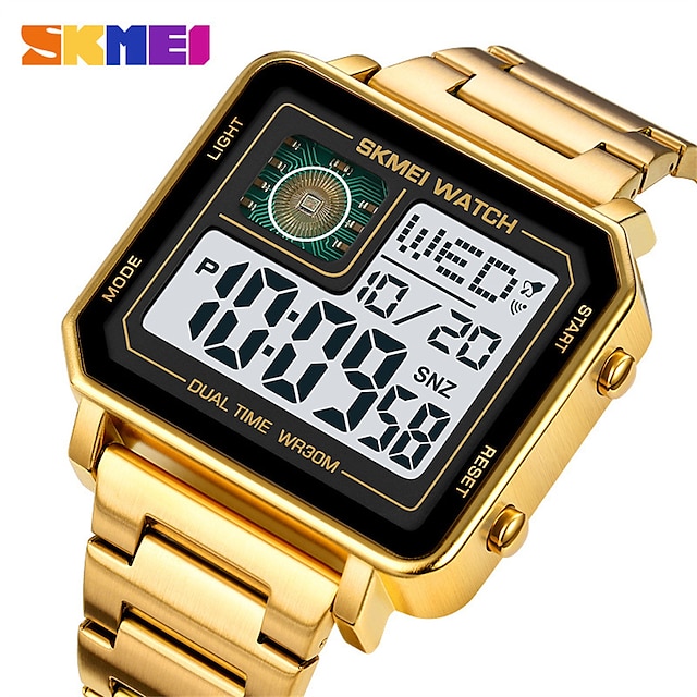  skmei メンズデジタル腕時計 3atm 防水高級ビジネスメンズ腕時計バックライトストップウォッチステンレス鋼アウトドアスポーツスクエア腕時計男性用