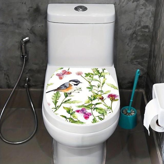  ملصق لغطاء المرحاض على شكل طائر وفراشة ، ملصقات لغطاء المرحاض بألوان مائية ، ملصق ديكور بلاستيكي ذاتي اللصق