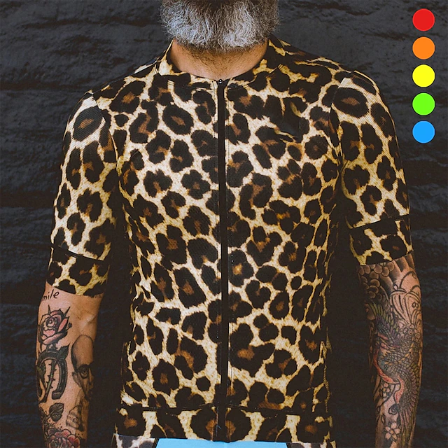 Men's Cycling Jersey Leopard Short Sleeve Bike Jersey Top with 3 Rear Pockets Mountain Bike MTB Road Bike Cycling Quick Dry Reflective Strips Back Pocket Moisture Wicking Sports Forest Green Pink Blue 8