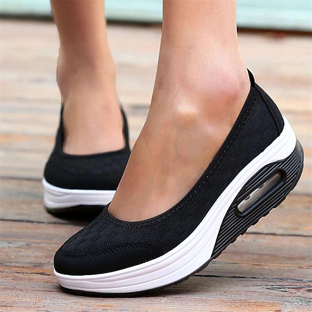  Women's Slip-Ons Plus Size Flyknit Shoes Comfort Shoes Outdoor Daily Walking Solid Color Summer Wedge Heel Round Toe Fashion Sporty Basic Running Walking Mesh Loafer Black White Red