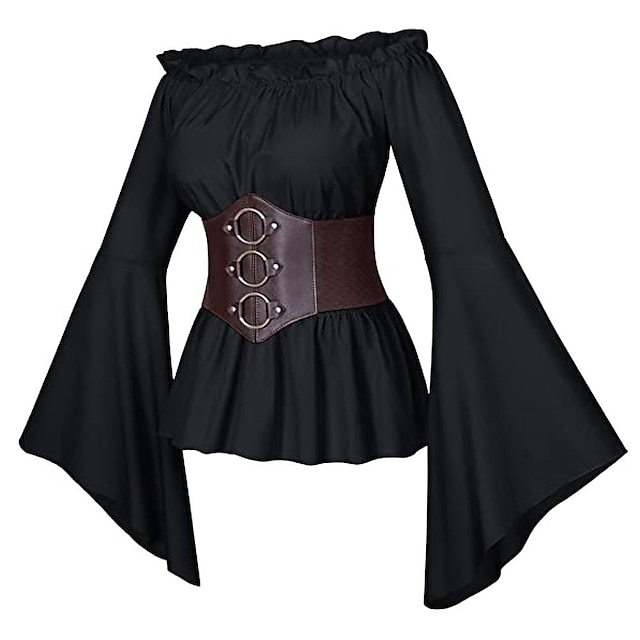  Womens Renaissance Blouse Tops Corset Waist Belt 2 Pcs Medieval Victorian Off Shoulder Long Sleeve Shirt Pirate Cosplay Costumes