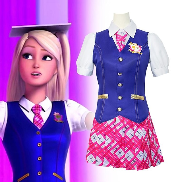  poupée Uniforme d'écolier 4 Pièces Femme Fille Cosplay de Film Y2K Bleu & Rose Halloween Carnaval Mascarade Gilet Chemisier Jupe