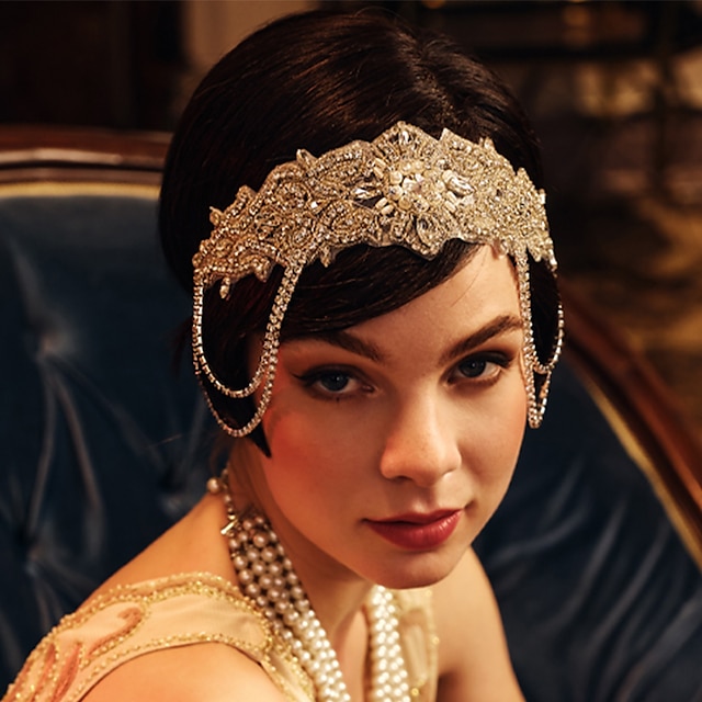  1920er-Jahre-Flapper-Kopfschmuck, Roaring-20er-Jahre-Stirnband, tolles Gatsby-Stirnband, Kette für Damen, Vintage-Haar-Accessoire (A-Silber)