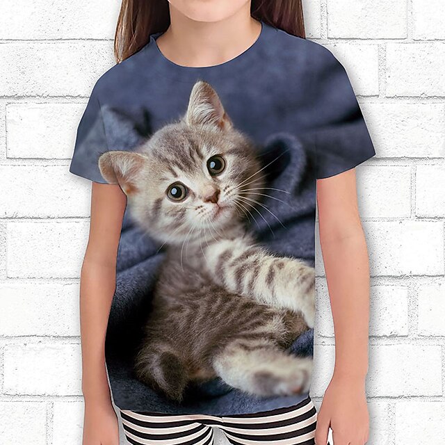  Girls' T shirt Short Sleeve T shirt Tee Graphic Cartoon Cat Active Fashion Cute 3D Print Outdoor Casual Daily Polyester Crewneck Kids 3-12 Years 3D Printed Graphic Regular Fit Shirt