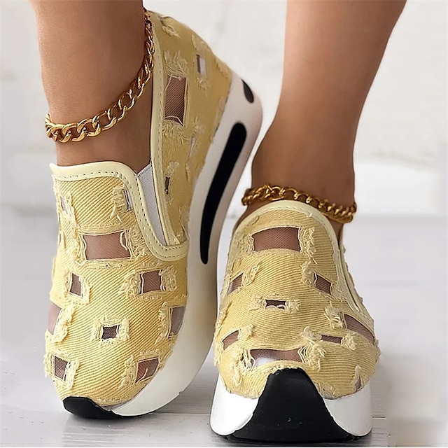  Women's Sneakers Plus Size Height Increasing Shoes Slip-on Sneakers Outdoor Daily Solid Color Hollow-out Summer Flat Heel Round Toe Casual Minimalism Walking Canvas Loafer Black White Yellow