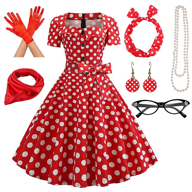 Women's ALine Rockabilly Dress Polka Dots Swing Dress Flare Dress with