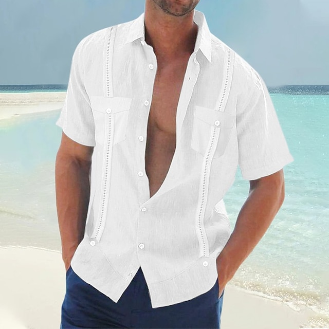  Voor heren Overhemd Guayabera-shirt linnen overhemd Zomer overhemd Strand hemd Zwart Wit Donkerblauw Korte mouw Kleurenblok Revers Zomer Casual Dagelijks Kleding Voorvak