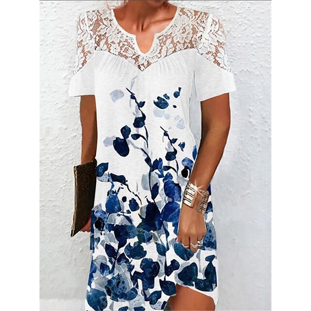  Women's Casual Dress Leaf Floral Lace Dress Summer Dress Split Neck Lace Patchwork Mini Dress Daily Holiday Active Fashion Loose Fit Short Sleeve White Red Blue Summer Spring S M L XL XXL