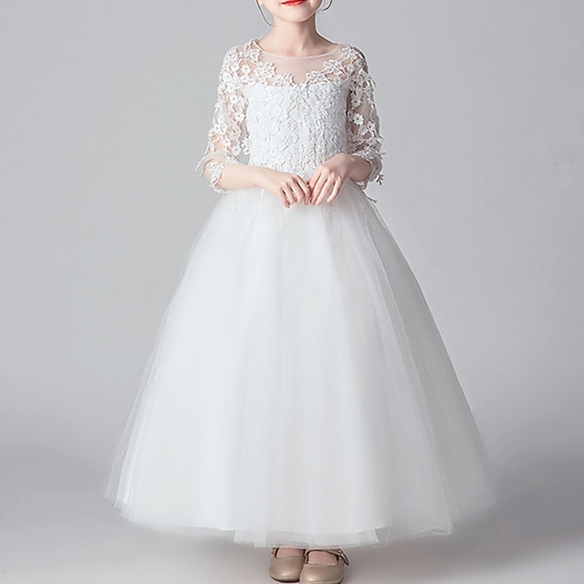  λουλούδι κοριτσίστικο μονόχρωμο φόρεμα 3/4 μήκους μανίκι απόδοση γάμου επιστροφής στο σπίτι φόρεμα δαντέλας πρώτο φόρεμα κοινωνίας για κορίτσια της μόδας αξιολάτρευτο φόρεμα πριγκίπισσας μάξι δαντέλα κούνια καλοκαίρι άνοιξη