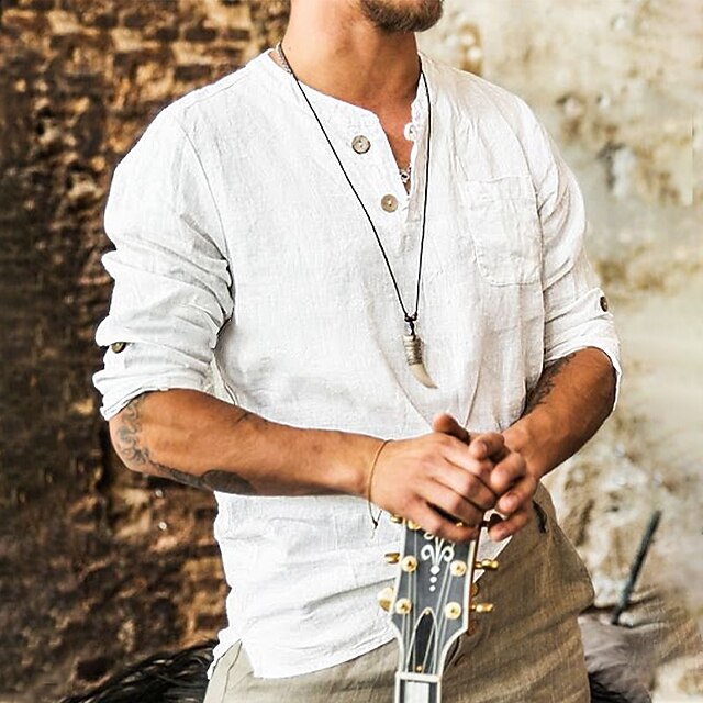 Men's Shirt Linen Shirt Band Collar Shirt Summer Shirt Beach Wear Plain Casual Daily White Blue Khaki Long Sleeve Collar Spring & Summer Clothing Apparel4