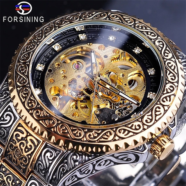  FORSINING Men Mechanical Watch Gold Skeleton Mechanical Watch Men Automatic Vintage Royal Fashion Engraved Auto Wrist Watches Top Brand Luxury Crystal