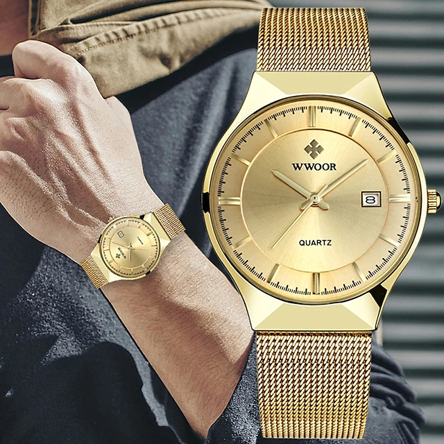 WWOOR Business Men Luxury Watches Mesh Strap Ultra Thin Quartz Men Wrsit Watch Waterproof Auto Date Male Clock 13