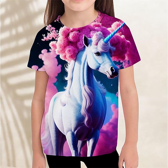  女の子 3D グラフィック ユニコーン 雲 Tシャツ Ｔシャツ 半袖 3Dプリント 夏 春 活発的 ファッション かわいいスタイル ポリエステル 子供 3〜12年 アウトドア カジュアル 日常 レギュラー