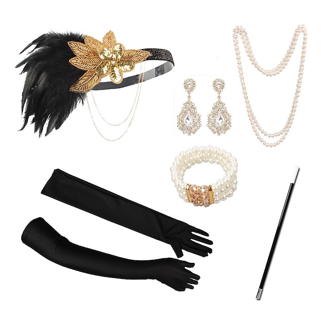  1920s Flapper Accessories Gatsby Costume Accessories Set 20s Flapper Headband Pearl Necklace Gloves Plastic Holder