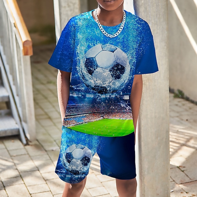  Băieți 3D Grafic Fotbal Tricou și Pantaloni scurți Set tricouri Set de îmbrăcăminte Manșon scurt Imprimeuri 3D Vară Primăvară Activ Sport Modă Poliester Copii 3-13 ani În aer liber Stradă Vacanță Fit