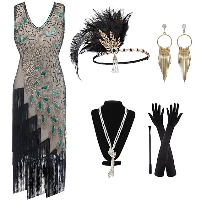  Retro / vintage De livlige 20-årene 1920-tallet Flapper kjole Kjoler Drakter Den store Gatsby Bryllupsgjest Paljetter Dusk Dame Fest / aften Maskerade Bryllupsmottagelse Voksne Kjole Hansker Øredobber