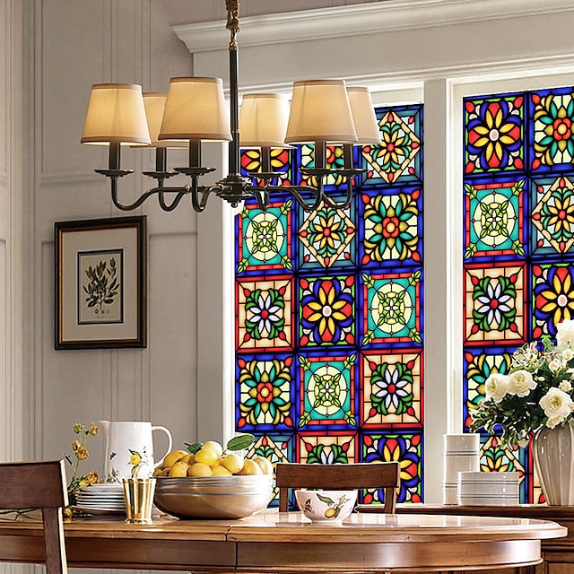  1 rulle farverig retro farverigt blomstermønster vinduesglas elektrostatiske klistermærker aftageligt vindue privat farvede dekorativ film til hjemmekontoret