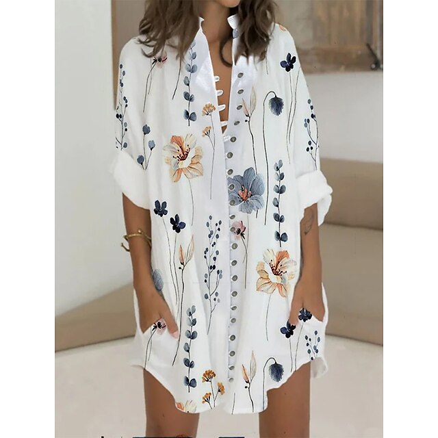  Women's Shirt Dress Casual Dress Shift Dress Outdoor Daily Vacation Mini Dress Fashion Modern Satin Button Pocket Stand Collar Summer Spring Fall Half Sleeve Loose Fit 2023 White Pink Blue Floral S M