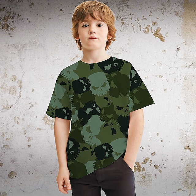  Drenge 3D Grafisk Dødningehoveder T-shirt Kortærmet 3D-udskrivning Sommer Forår Aktiv Sport Mode Polyester Børn 3-12 år udendørs Afslappet Daglig Regulær