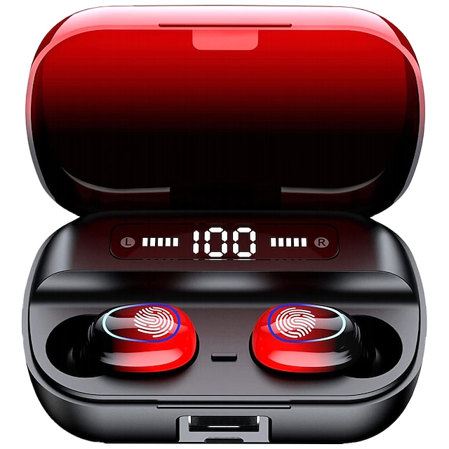  BT Earbuds Wireless Ear Buds Touch Control Wireless Earphones With HiFi Stereo Audio Noise Reduction IPX7 Waterproof Headphones LED Charging Case Built-in Mic For Sport/Work/Travel Red