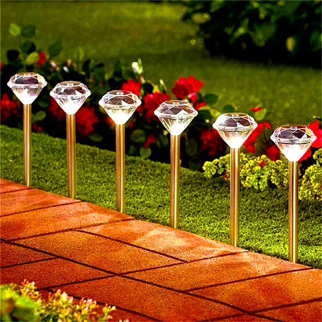  Solar Pathway Lights LED Solar Diamond Stake LightsOutdoor Solar Powered Garden Lights Waterproof LED Path Lights for Patio Lawn White Warm Colorful Light