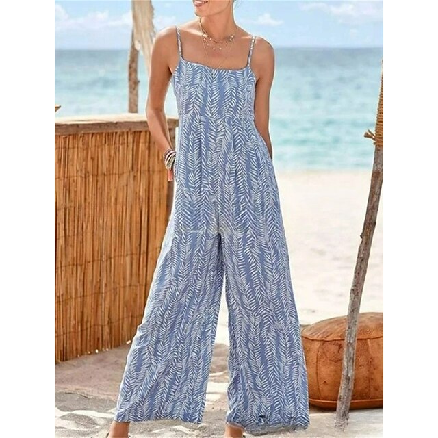  Women's Jumpsuit Print Print Holiday Square Neck Street Daily Spaghetti Strap Regular Fit Blue S M L Summer