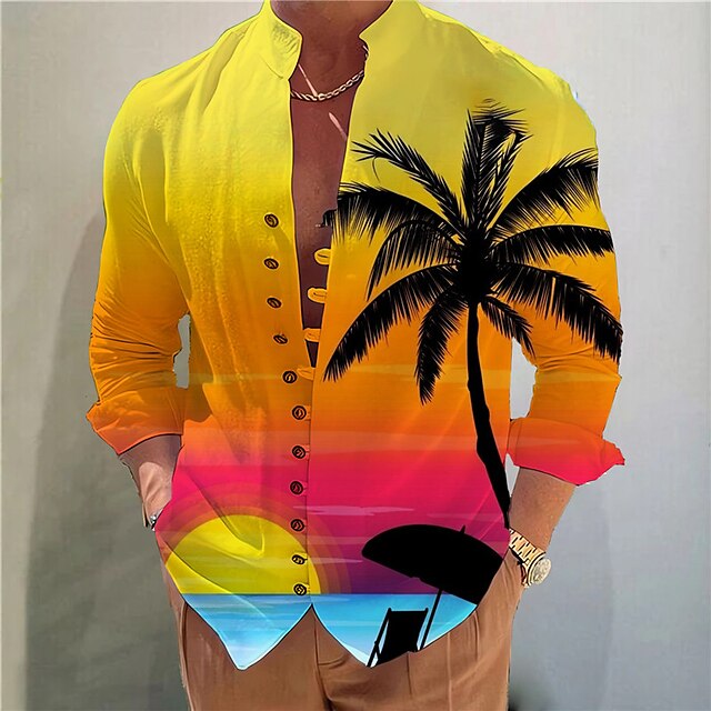  férfi ing nyári hawaii ing kókuszfa grafikai állvány gallér sárga kék fukszia zöld szürke szabadtéri utca hosszú ujjú nyomtatott ruházat ruházat divattervező alkalmi kényelmes